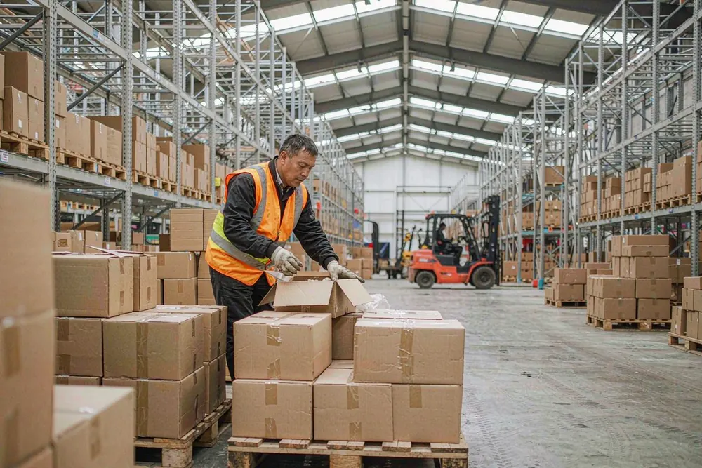 Warehouse worker in hi-vis vest checking cartons