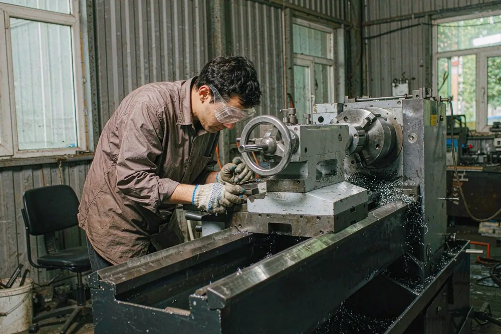 Machinist in goggles and gloves at a lathe