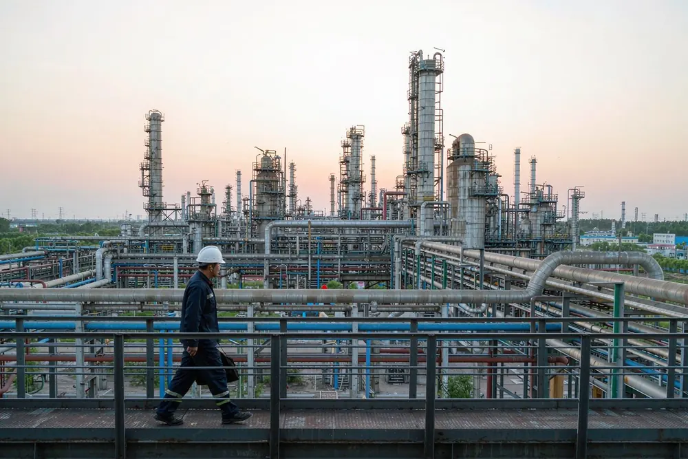 Worker in coveralls and hard hat at a refinery